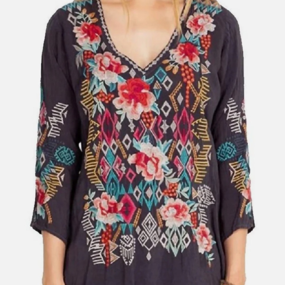 Johnny Was Black Floral Embroidered Blouse Emmaline Blouse